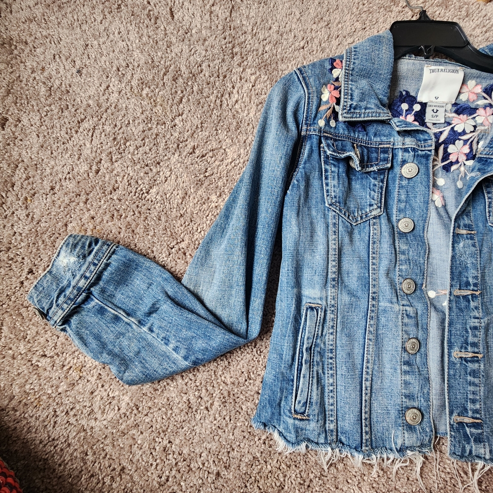 True Religion Light Blue Denim Jacket with Pink Floral Details